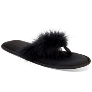 Inc Women's Marabou Thong Slippers, slippers shoes with fur, black XL(11/12)